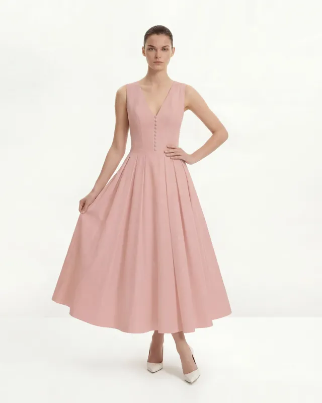 Front V-Neck Pleated Midi Dress - Pink sold by JW PEI