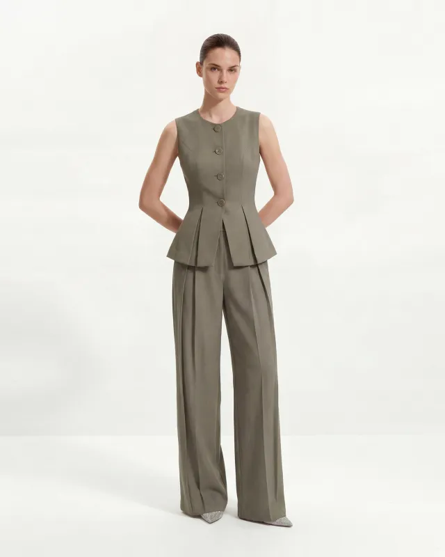 Pleated Wide-Leg Trousers - Green Khaki sold by JW PEI