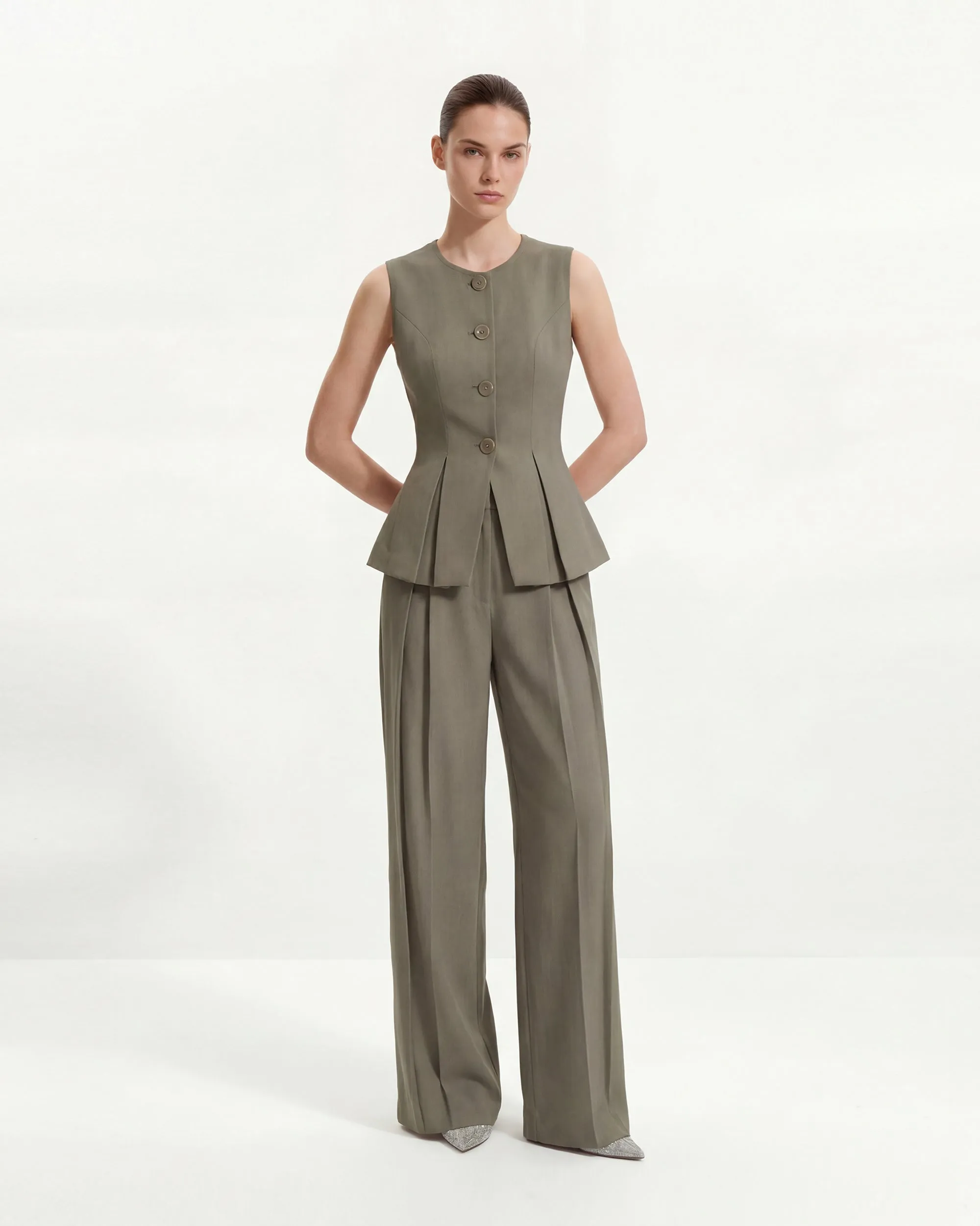 Pleated Wide-Leg Trousers - Green Khaki sold by JW PEI