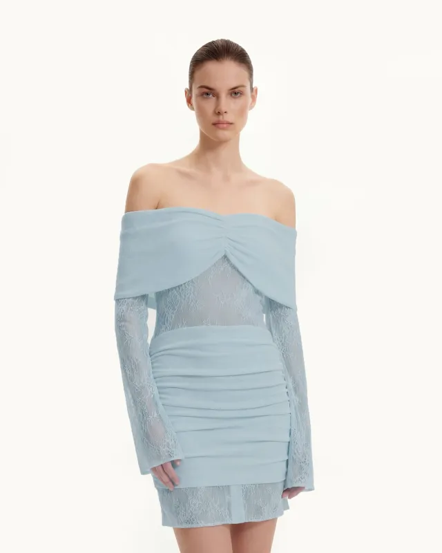 Off-Shoulder Ruched Mini Dress with Lace Sleeves - Blue sold by JW PEI