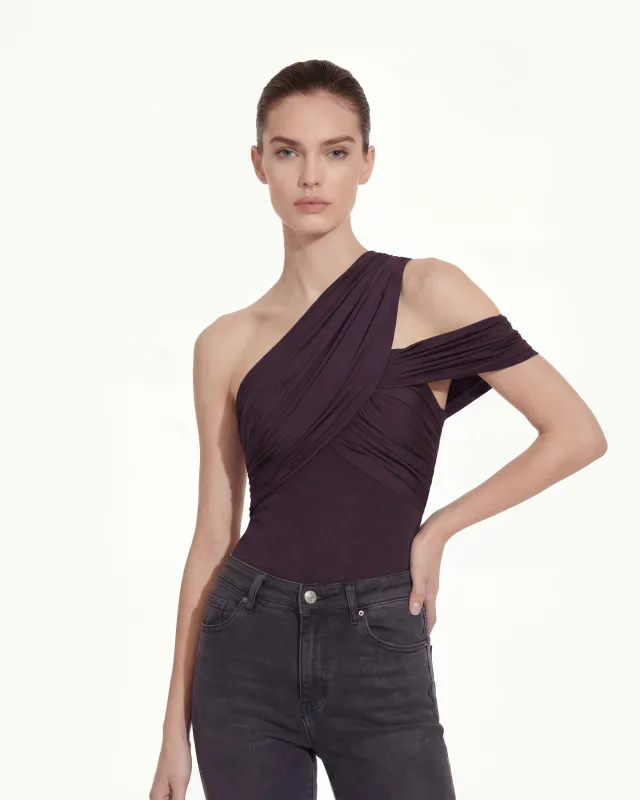 Ruched Asymmetric One-Shoulder Top - Burgundy sold by JW PEI