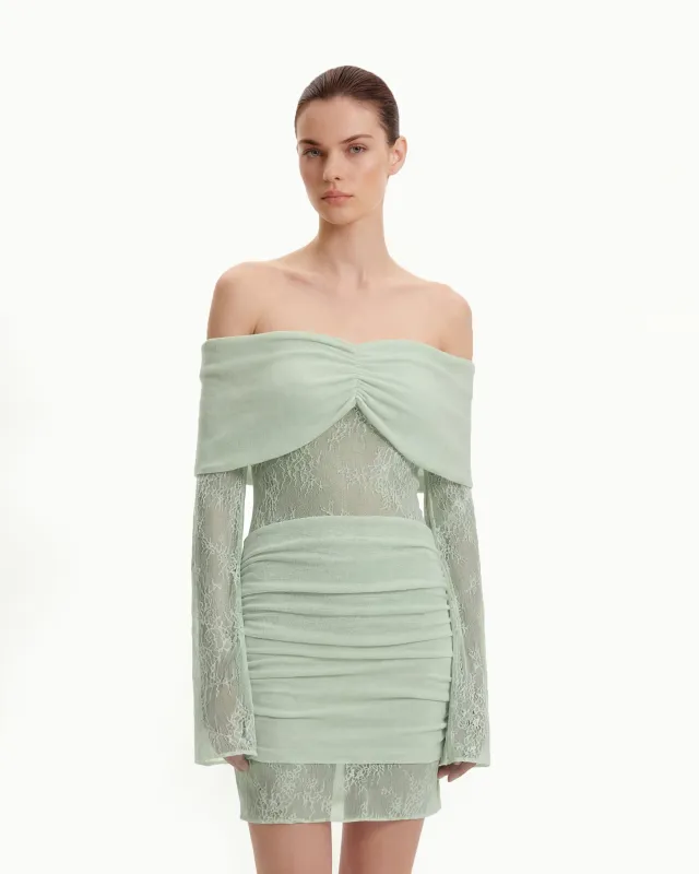Off-Shoulder Ruched Mini Dress with Lace Sleeves - Green sold by JW PEI