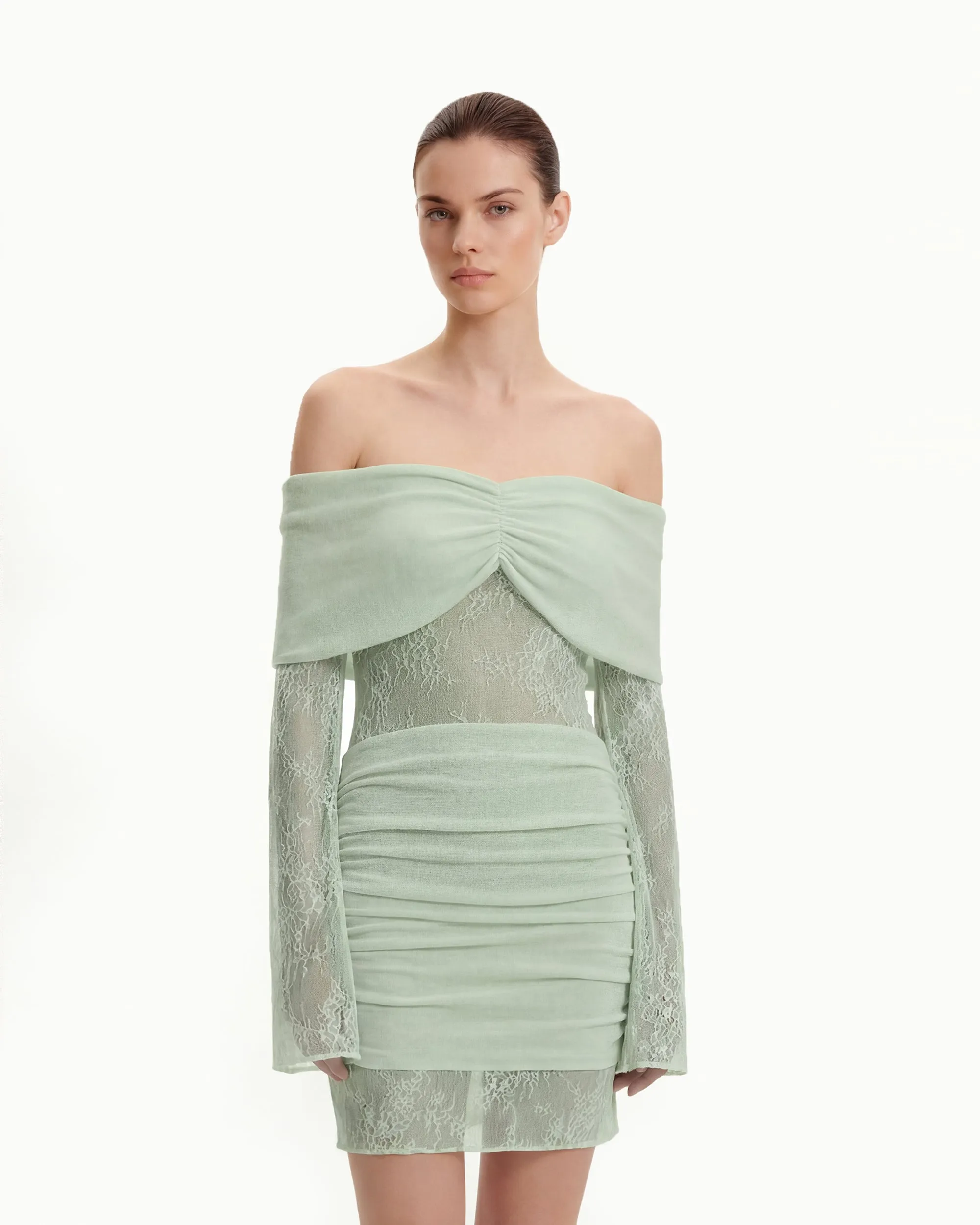 Off-Shoulder Ruched Mini Dress with Lace Sleeves - Green sold by JW PEI