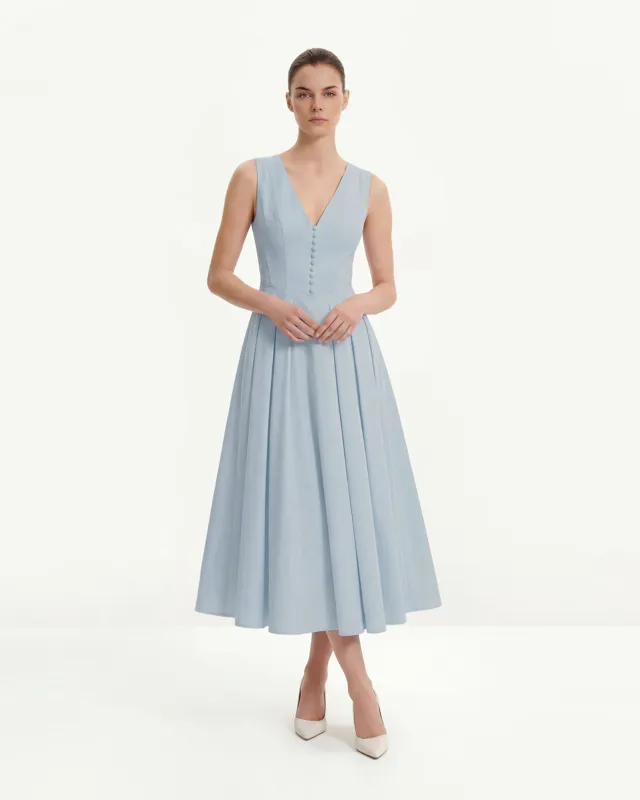 Front V-Neck Pleated Midi Dress - Blue sold by JW PEI