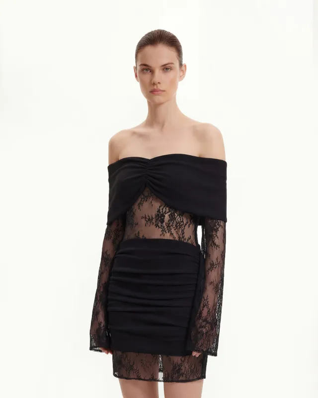 Off-Shoulder Ruched Mini Dress with Lace Sleeves - Black sold by JW PEI