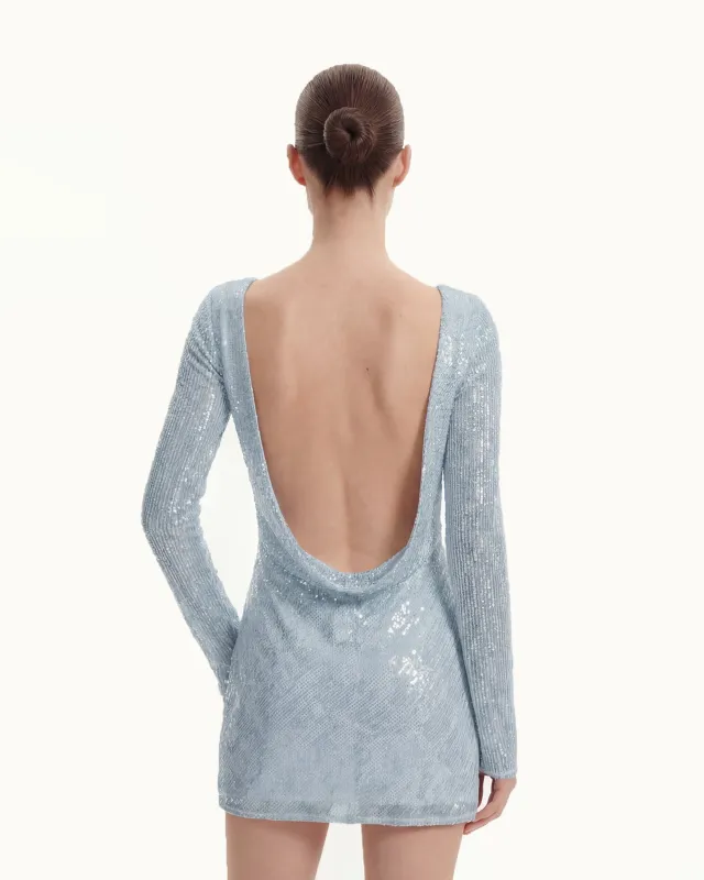 Diagonal Sequin Open-Back Long Sleeve Mini Dress - Blue sold by JW PEI
