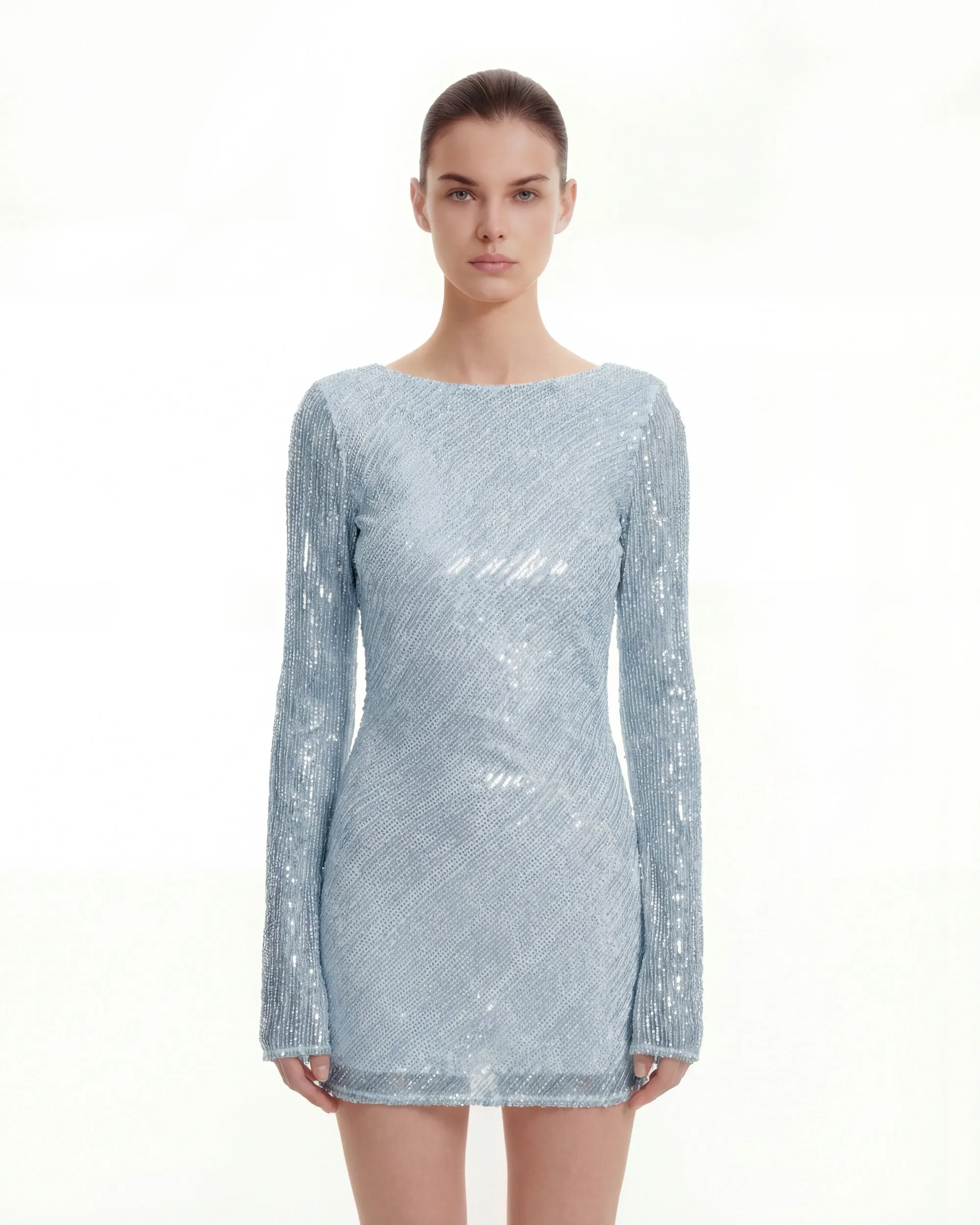 Diagonal Sequin Open-Back Long Sleeve Mini Dress - Blue sold by JW PEI product image thumbnail 2