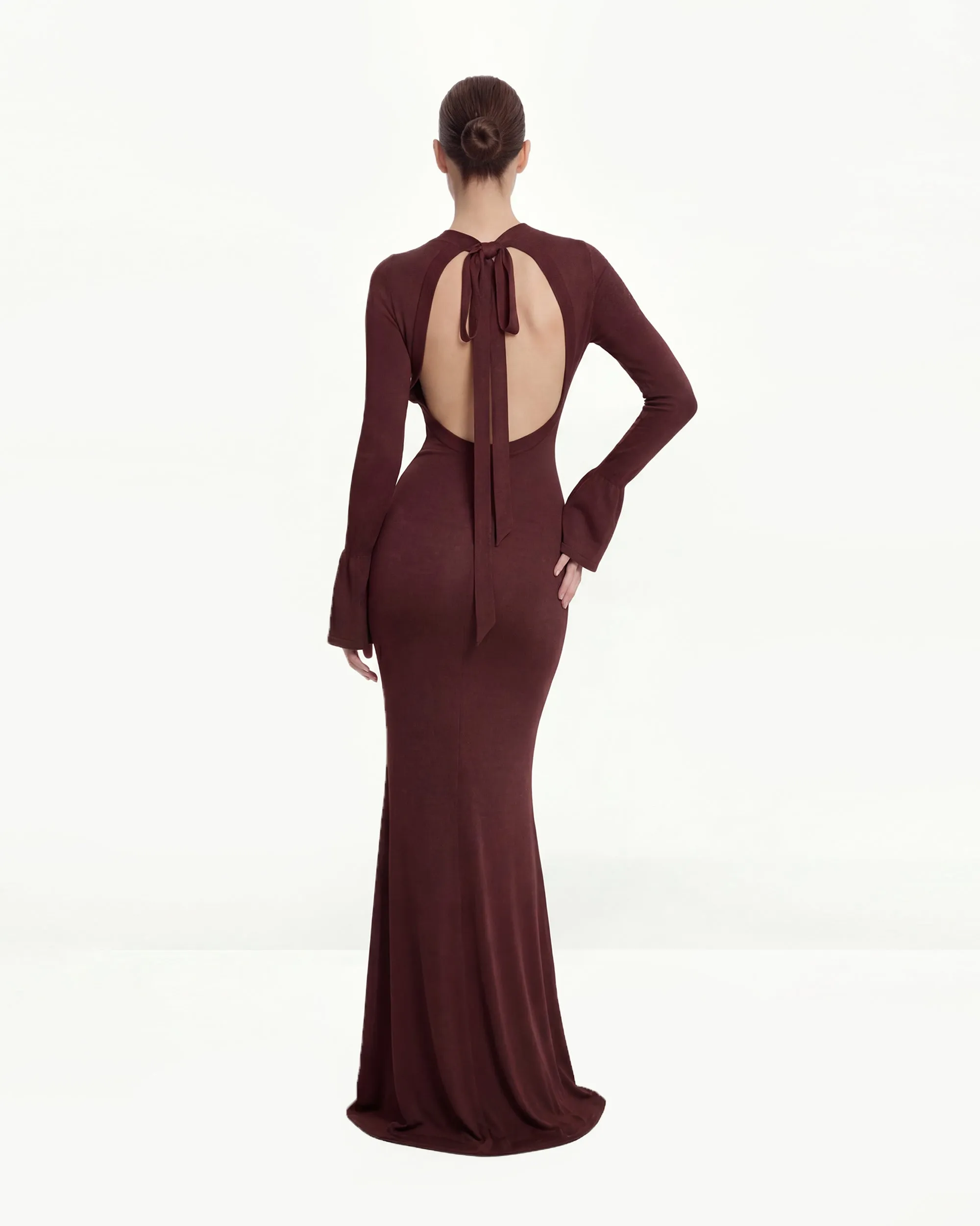 Open-Back Tie-Neck Knitted Maxi Dress - Burgundy sold by JW PEI