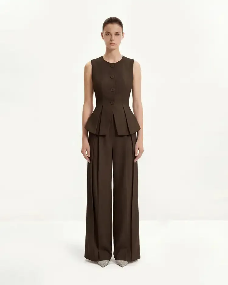 Pleated Wide-Leg Trousers - Brown sold by JW PEI