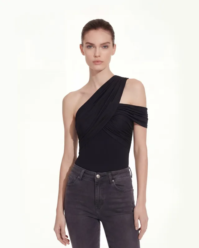 Ruched Asymmetric One-Shoulder Top - Black sold by JW PEI