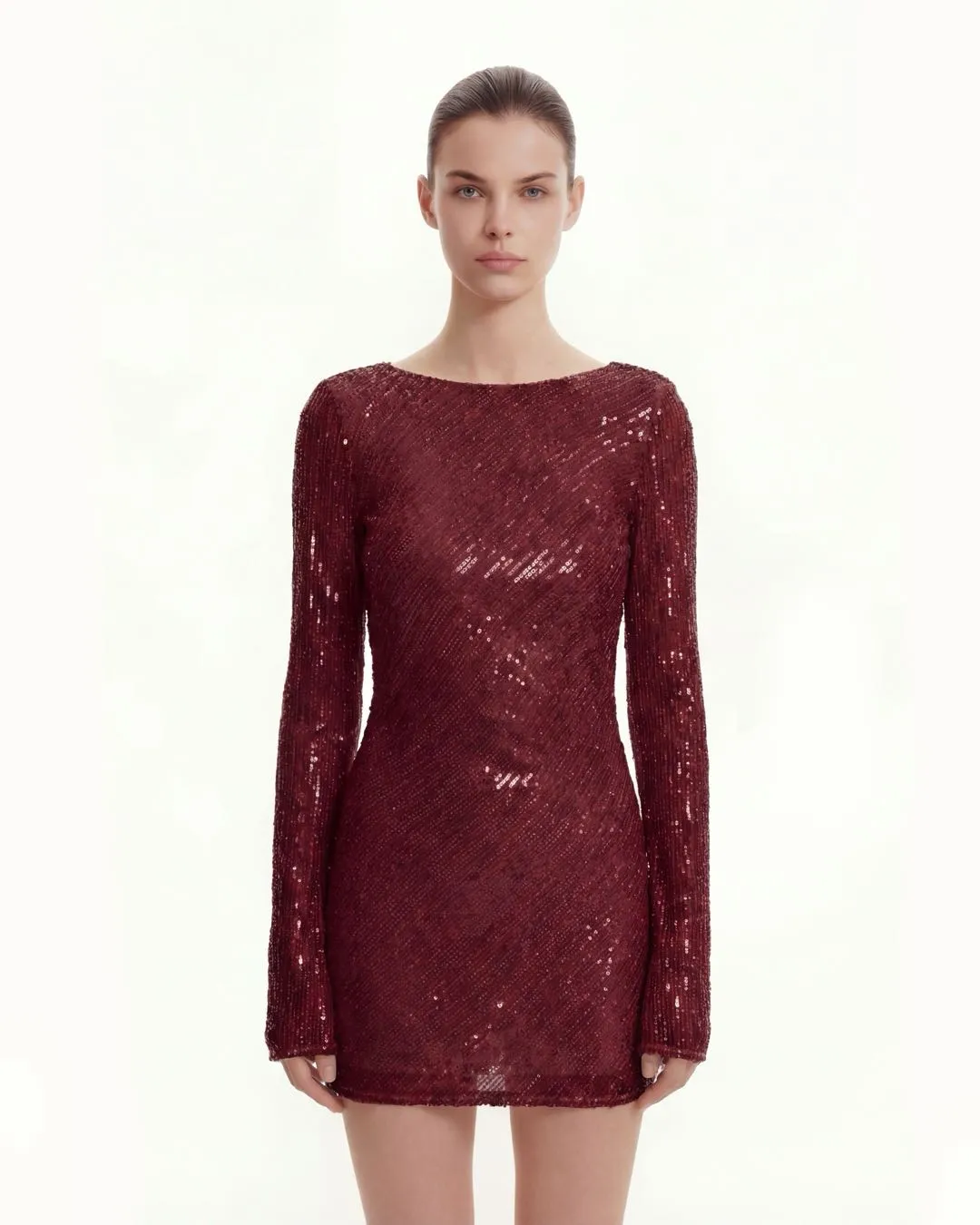 Diagonal Sequin Open-Back Long Sleeve Mini Dress - Claret sold by JW PEI product image thumbnail 2