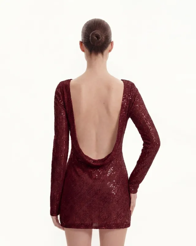 Diagonal Sequin Open-Back Long Sleeve Mini Dress - Claret sold by JW PEI