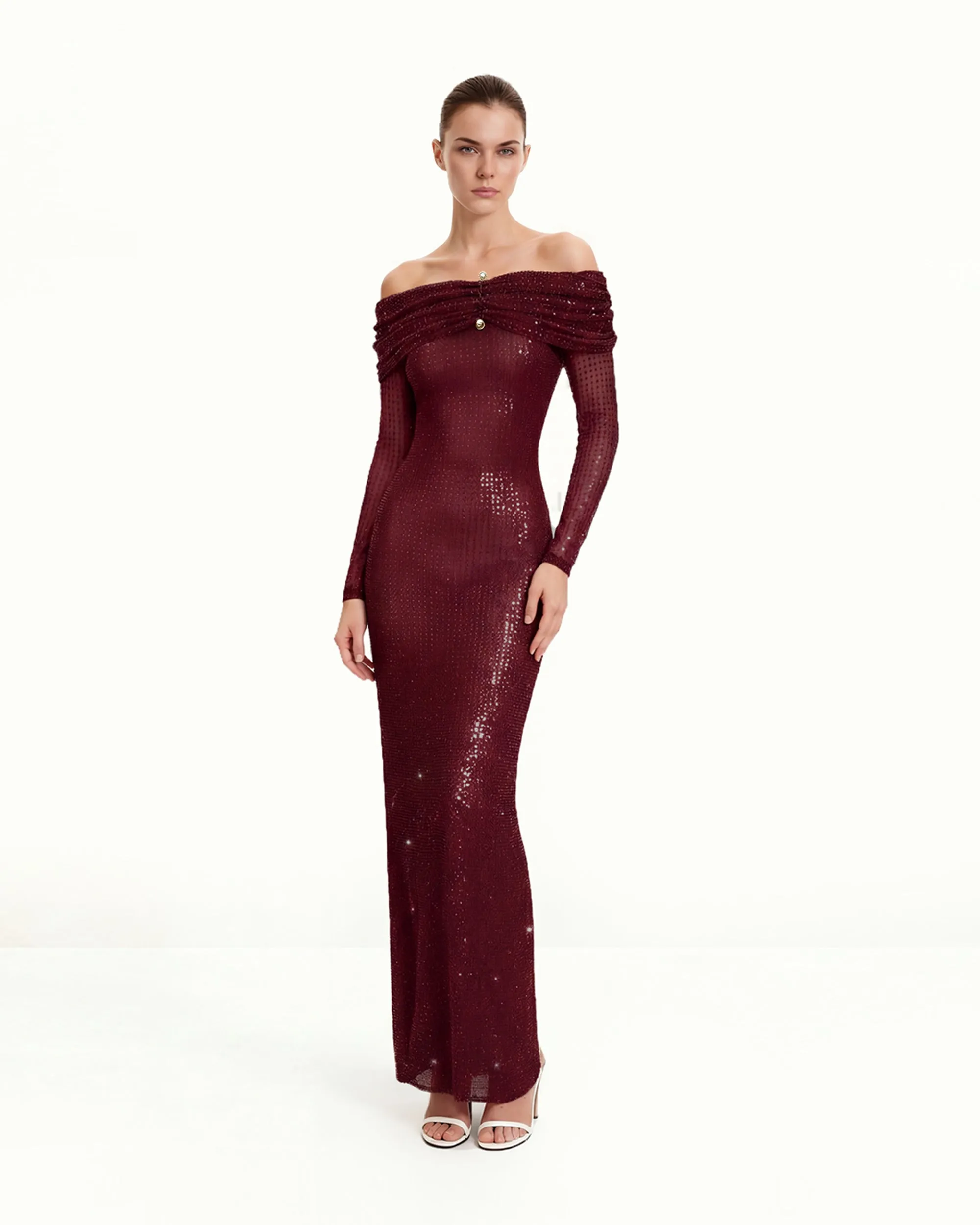 Rhinestone Mesh Off-Shoulder Maxi Dress - Claret sold by JW PEI
