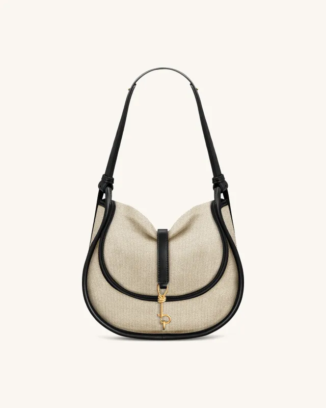 Arla Small Faux Suede Hobo Bag – Black Canvas sold by JW PEI
