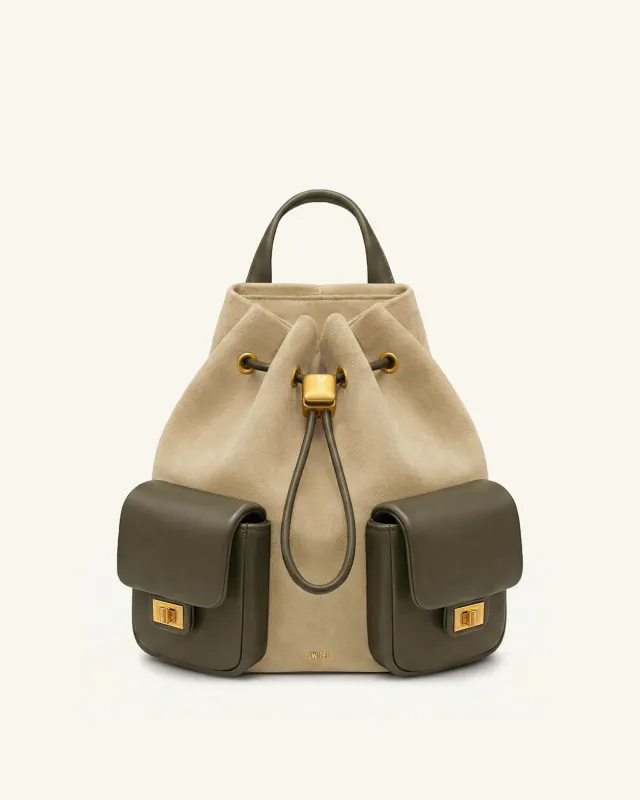 Avery Faux Suede Drawstring Utility Backpack – Beige & Olive sold by JW PEI