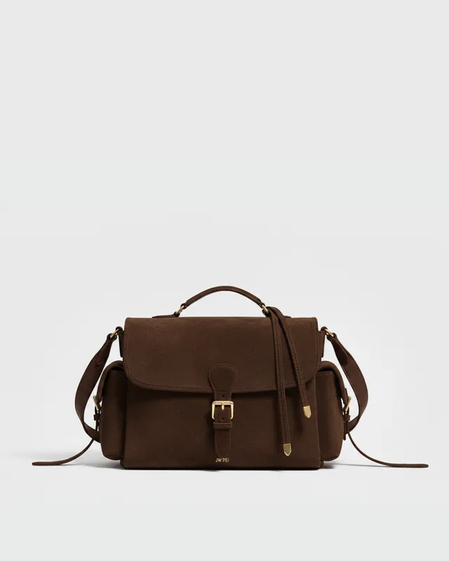 Marina Faux Suede Flap Multi-Pocket Top Handle Crossbody Bag – Brown sold by JW PEI