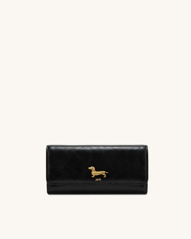 Maeve Dachshund Metal Emblem Flap Long Wallet - Black sold by JW PEI