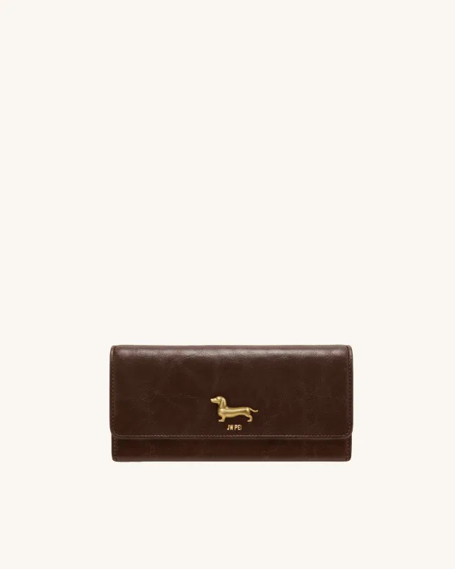 Maeve Dachshund Metal Emblem Flap Long Wallet - Chocolate sold by JW PEI