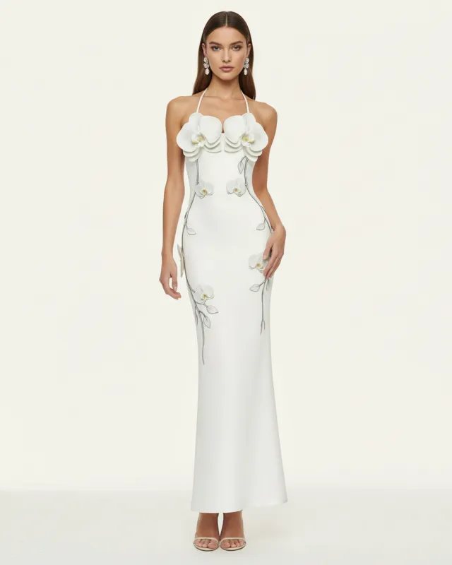 Orchid Appliqué Halter Maxi Dress - White made by JW PEI