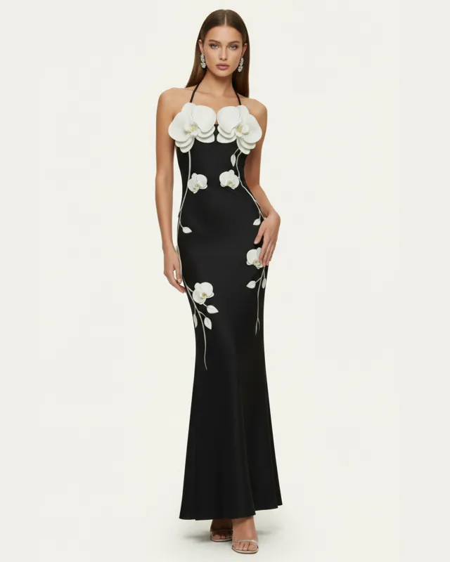 Orchid Appliqué Halter Maxi Dress - Black sold by JW PEI