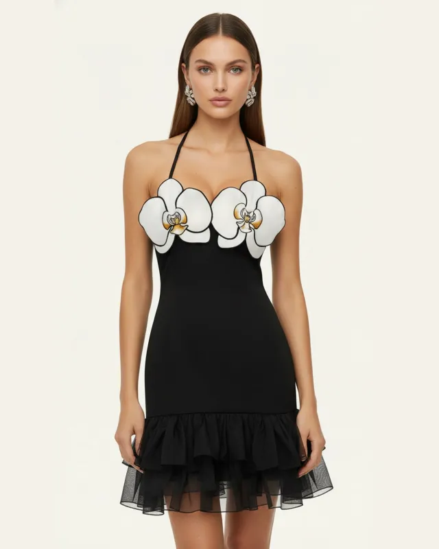 Orchid Embroidered Ruffle Hem Mini Dress - Black made by JW PEI