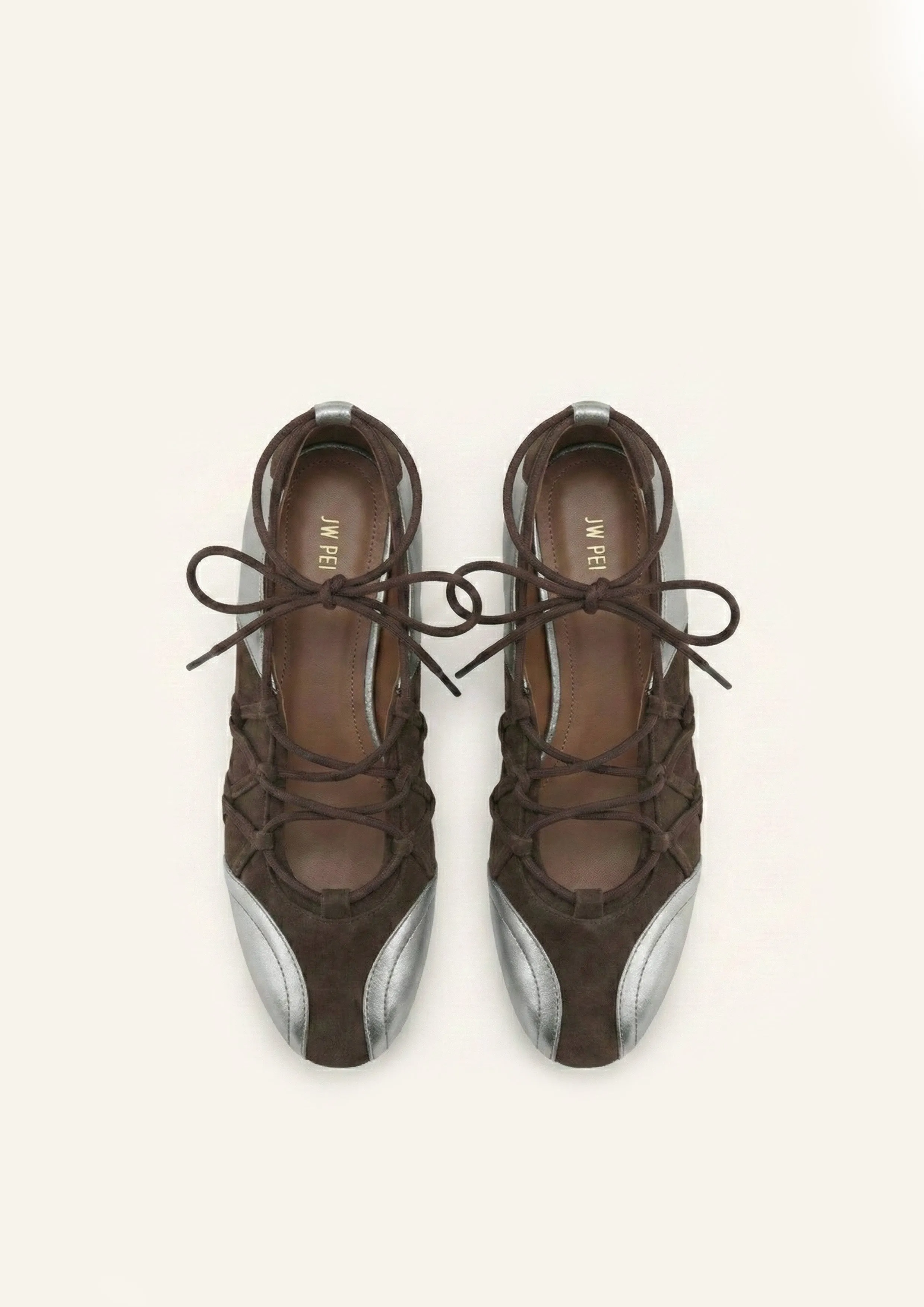 Iria Lace-Up Ballet Flats - Chocolate Brown & Silver sold by JW PEI product image thumbnail 2