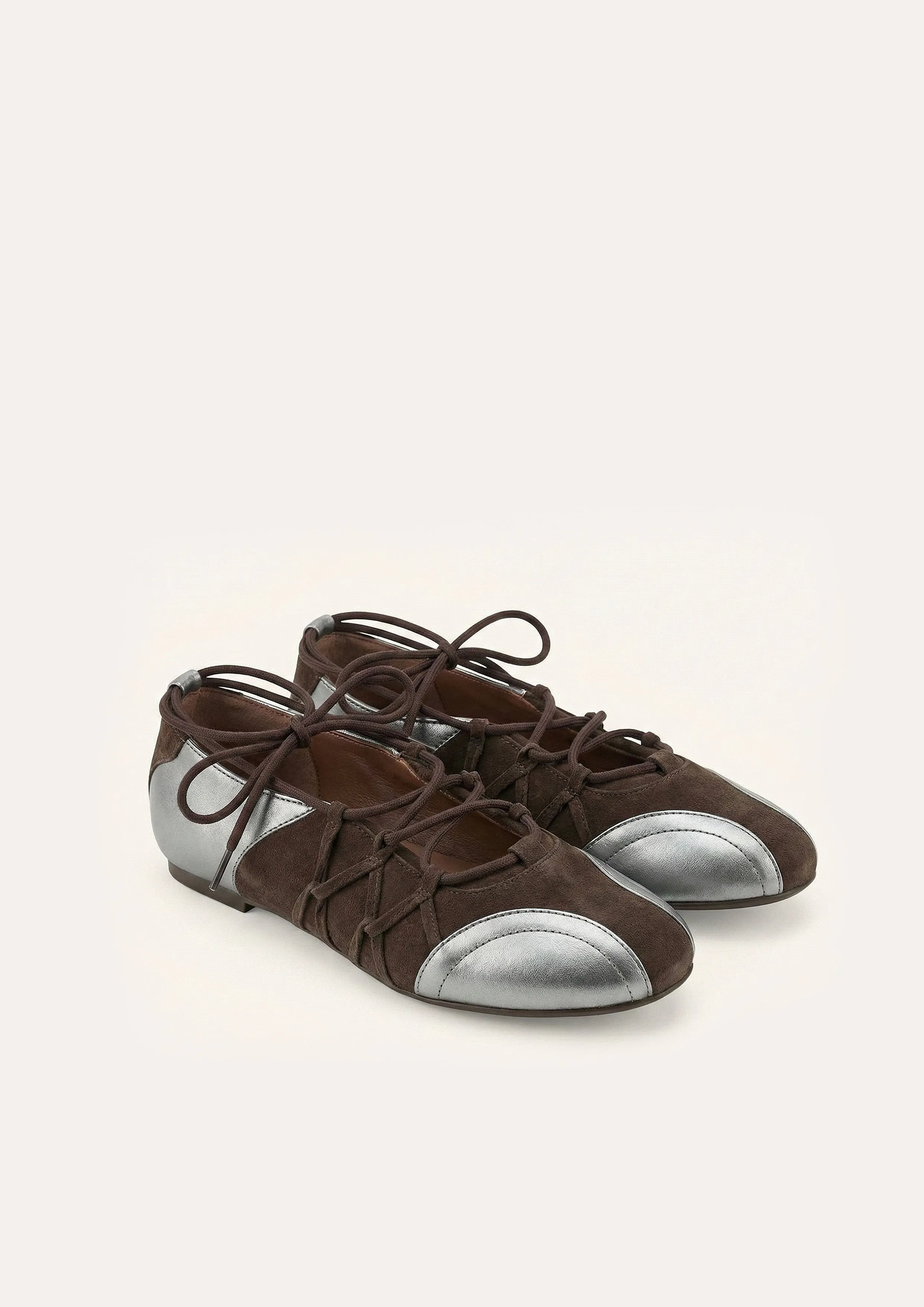 Iria Lace-Up Ballet Flats - Chocolate Brown & Silver sold by JW PEI