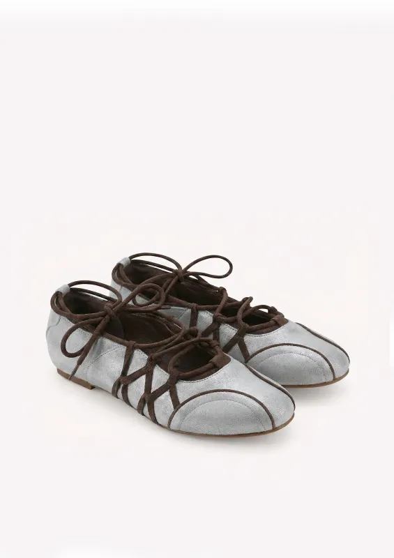 Iria Lace-Up Ballet Flats - Blue Gray & Espresso Brown sold by JW PEI