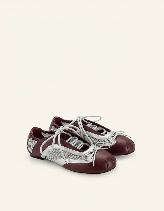 Lena Lace-Up Ballet Sneakers - Metallic Silver & Burgundy made by JW PEI