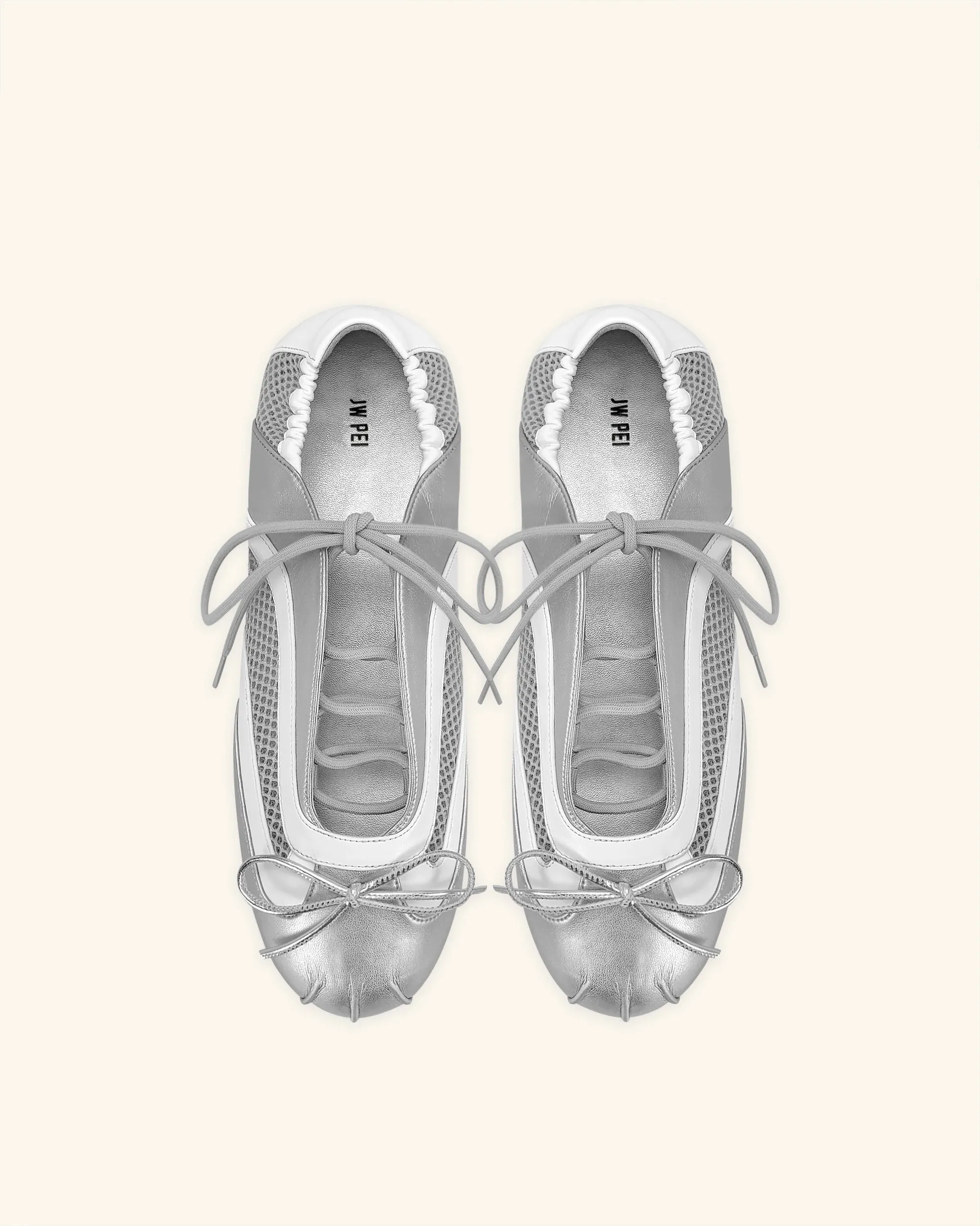 Lena Lace-Up Ballet Sneakers - Metallic Silver & White sold by JW PEI product image thumbnail 3