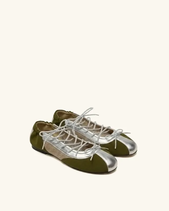 Mila Sporty Ballet Sneakers - Metallic Silver & Olive Green sold by JW PEI