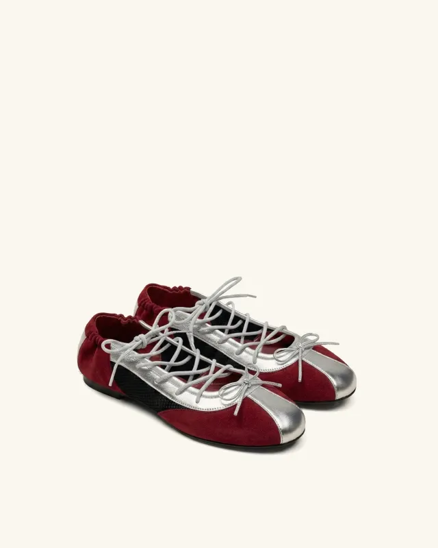Mila Sporty Ballet Sneakers - Metallic Silver & Burgundy sold by JW PEI