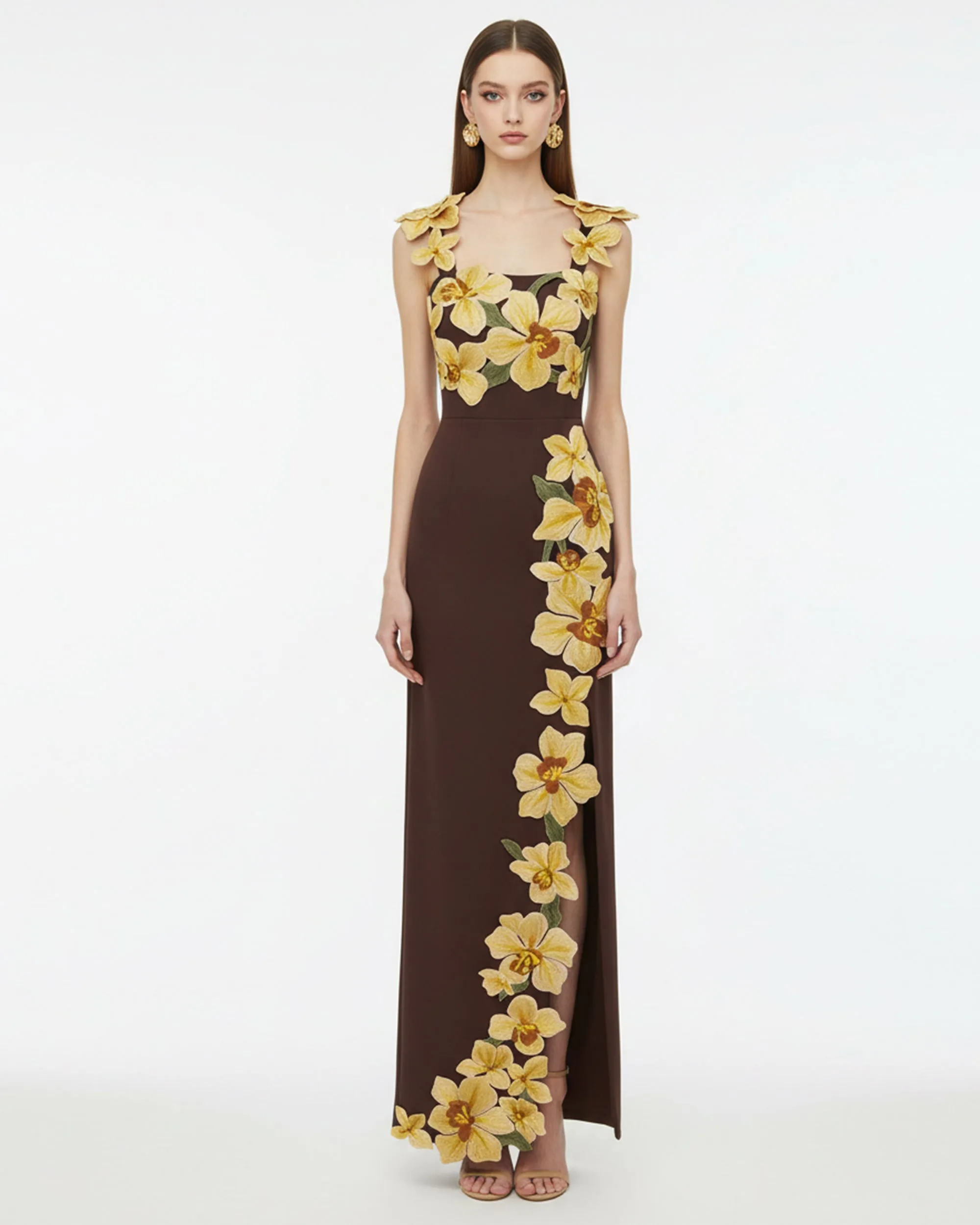 Flower Embroidered Dress - Brown/Yellow sold by JW PEI