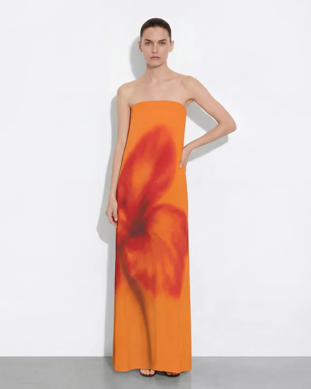 Watercolor Floral Print Strapless Maxi Dress - Orange sold by JW PEI
