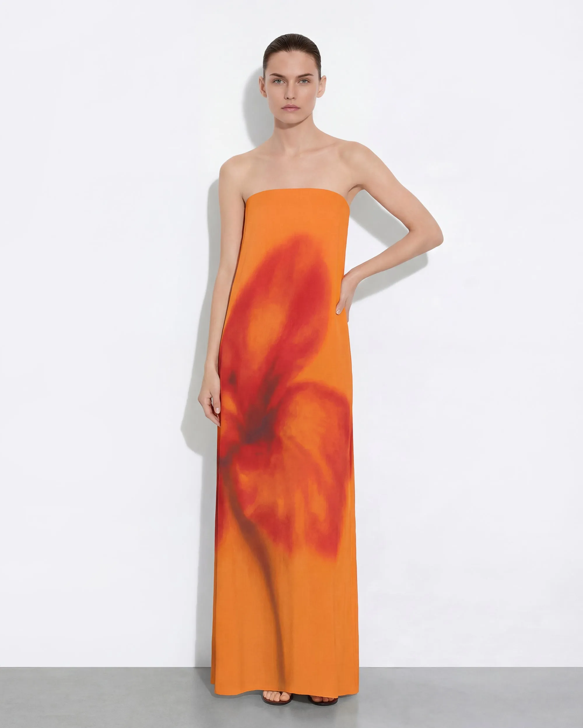 Watercolor Floral Print Strapless Maxi Dress - Orange sold by JW PEI