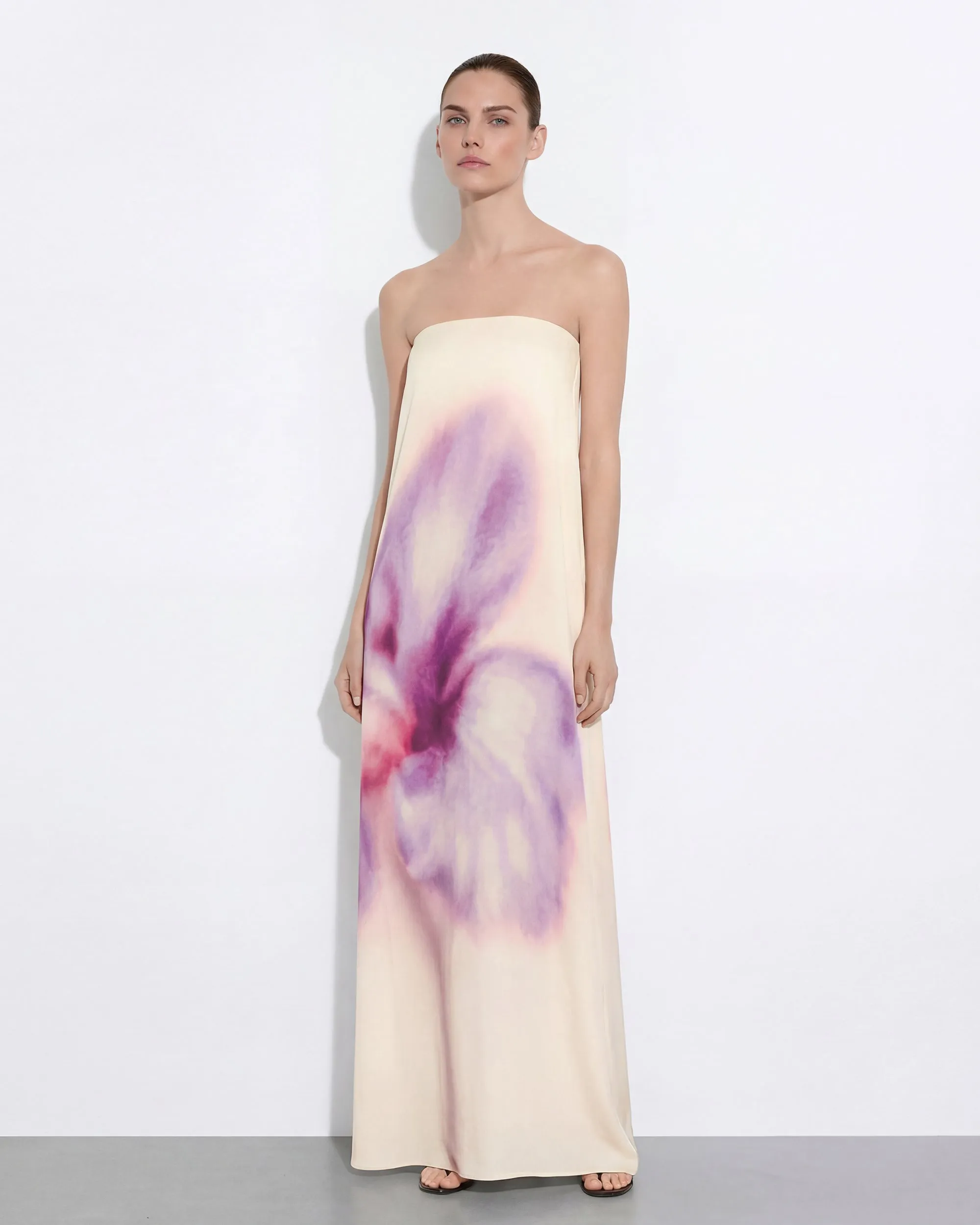 Watercolor Floral Print Strapless Maxi Dress - Ivory sold by JW PEI