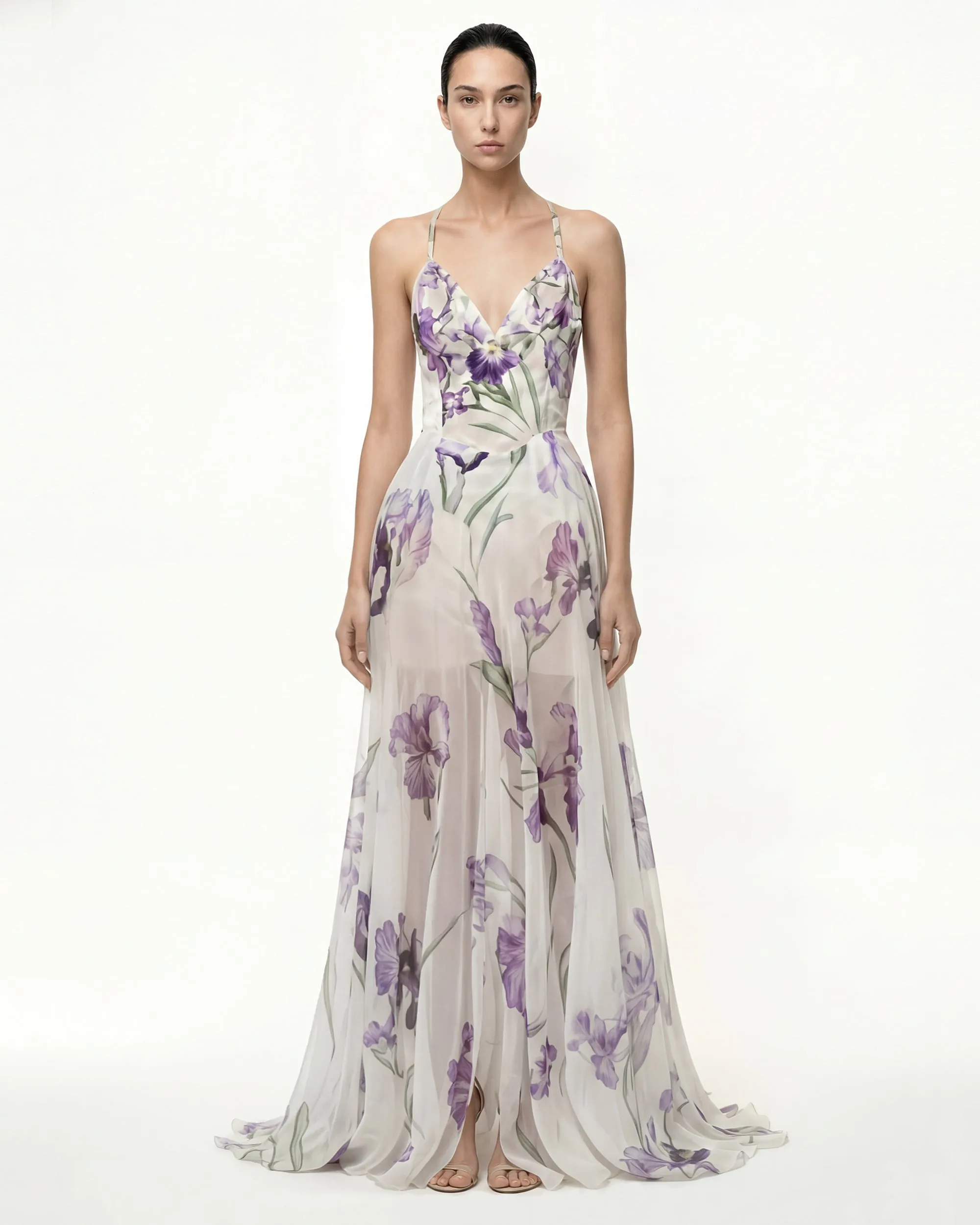 Sheer Chiffon Iris Print Cami Dress - Ivory/Purple sold by JW PEI