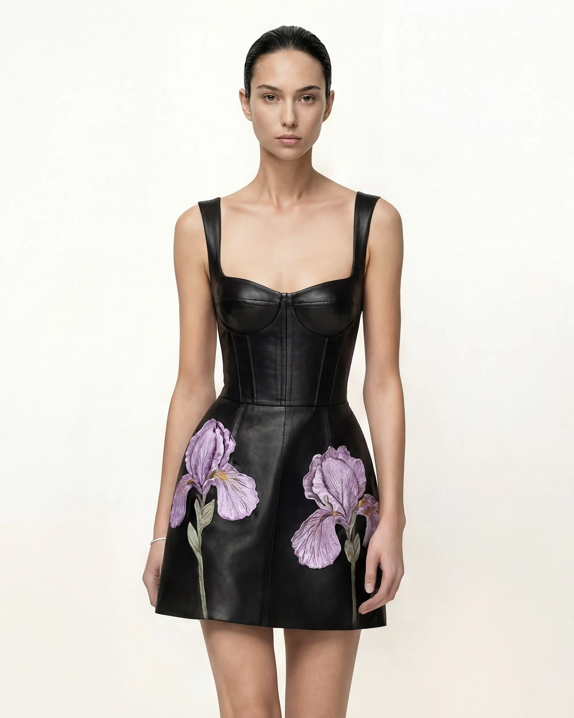 Iris Floral Print Leather Corset Dress - Black sold by JW PEI
