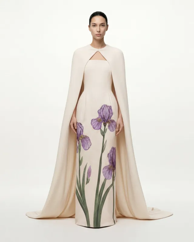 Iris Floral Print Strapless Cape Gown - Cream sold by JW PEI