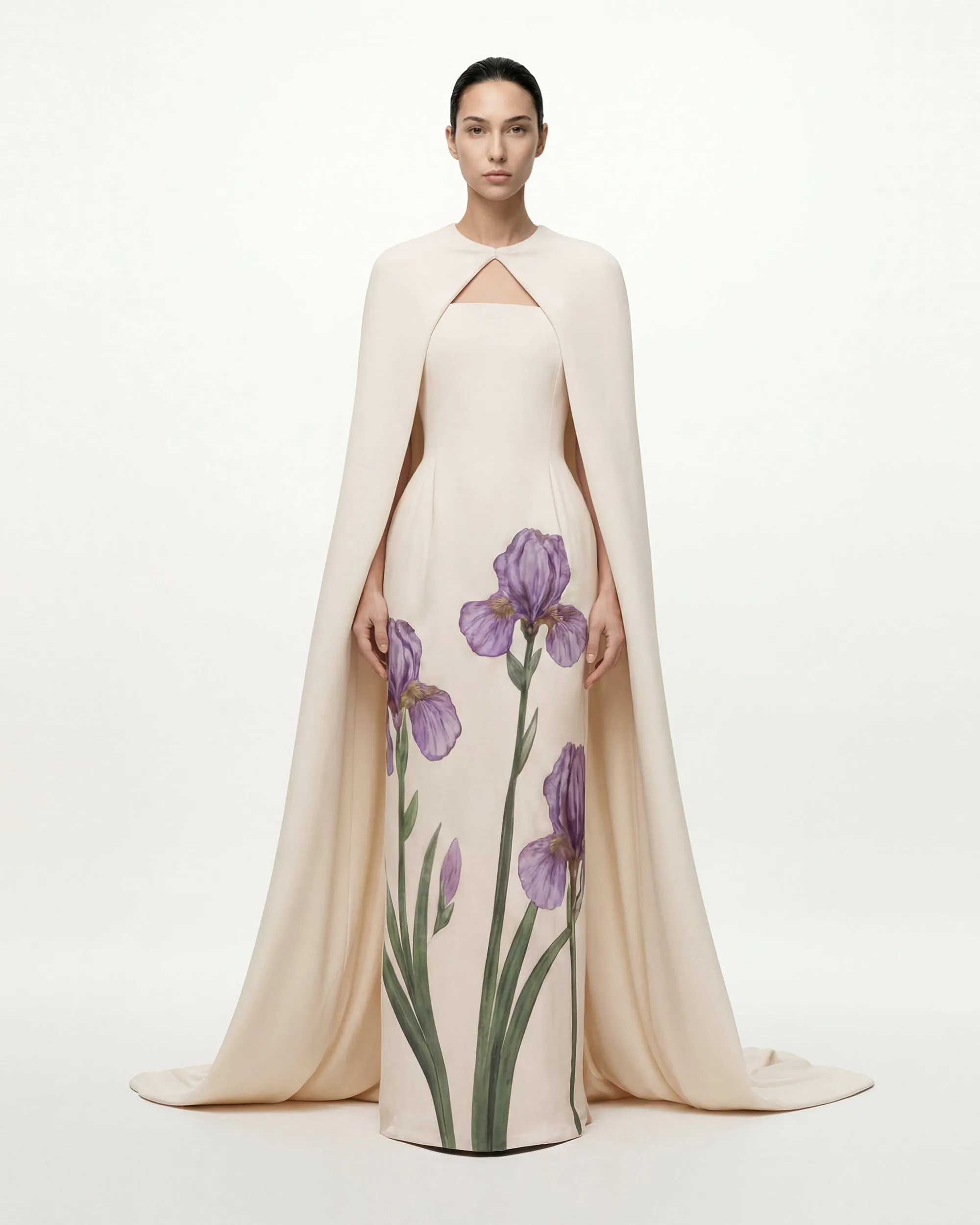 Iris Floral Print Strapless Cape Gown - Cream sold by JW PEI