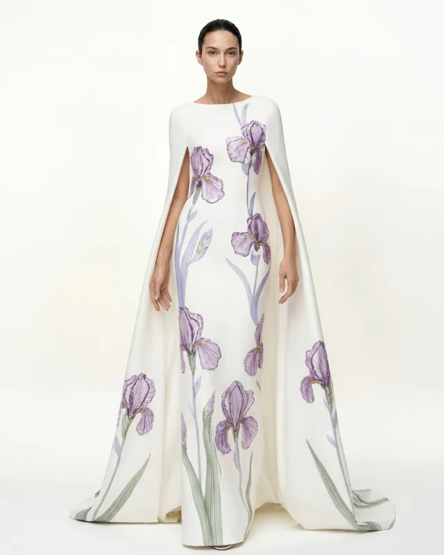 Iris Floral Print Cape Gown - White sold by JW PEI