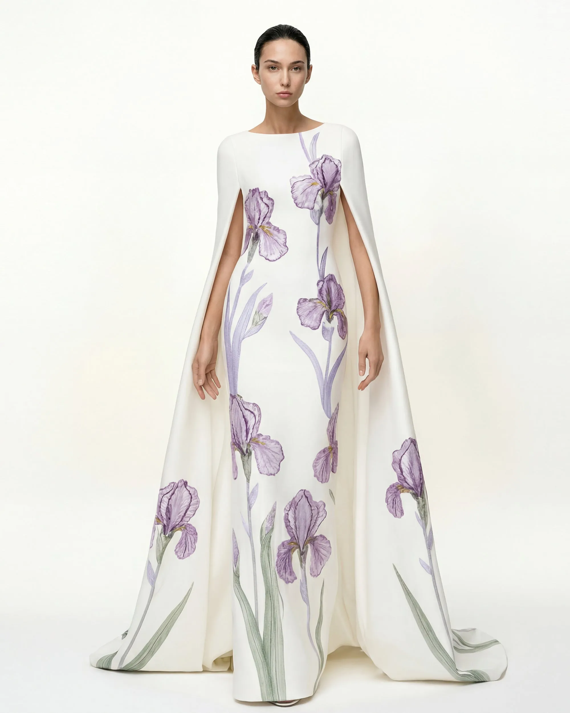 Iris Floral Print Cape Gown - White sold by JW PEI
