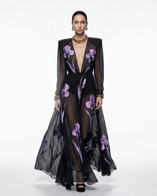Iris Floral Print Long-Sleeve Sheer Gown - Black/Purple sold by JW PEI