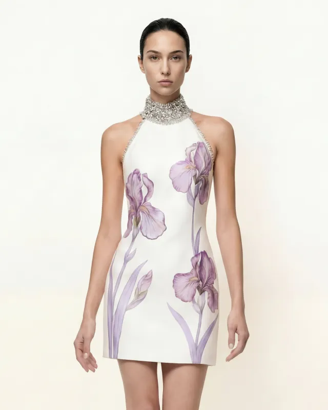 Jeweled Halter Iris Motif Dress - White sold by JW PEI