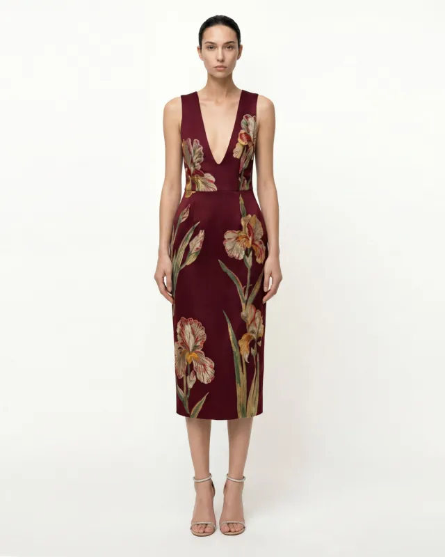 Iris Floral Print Deep V-Neck Midi Dress - Burgundy sold by JW PEI