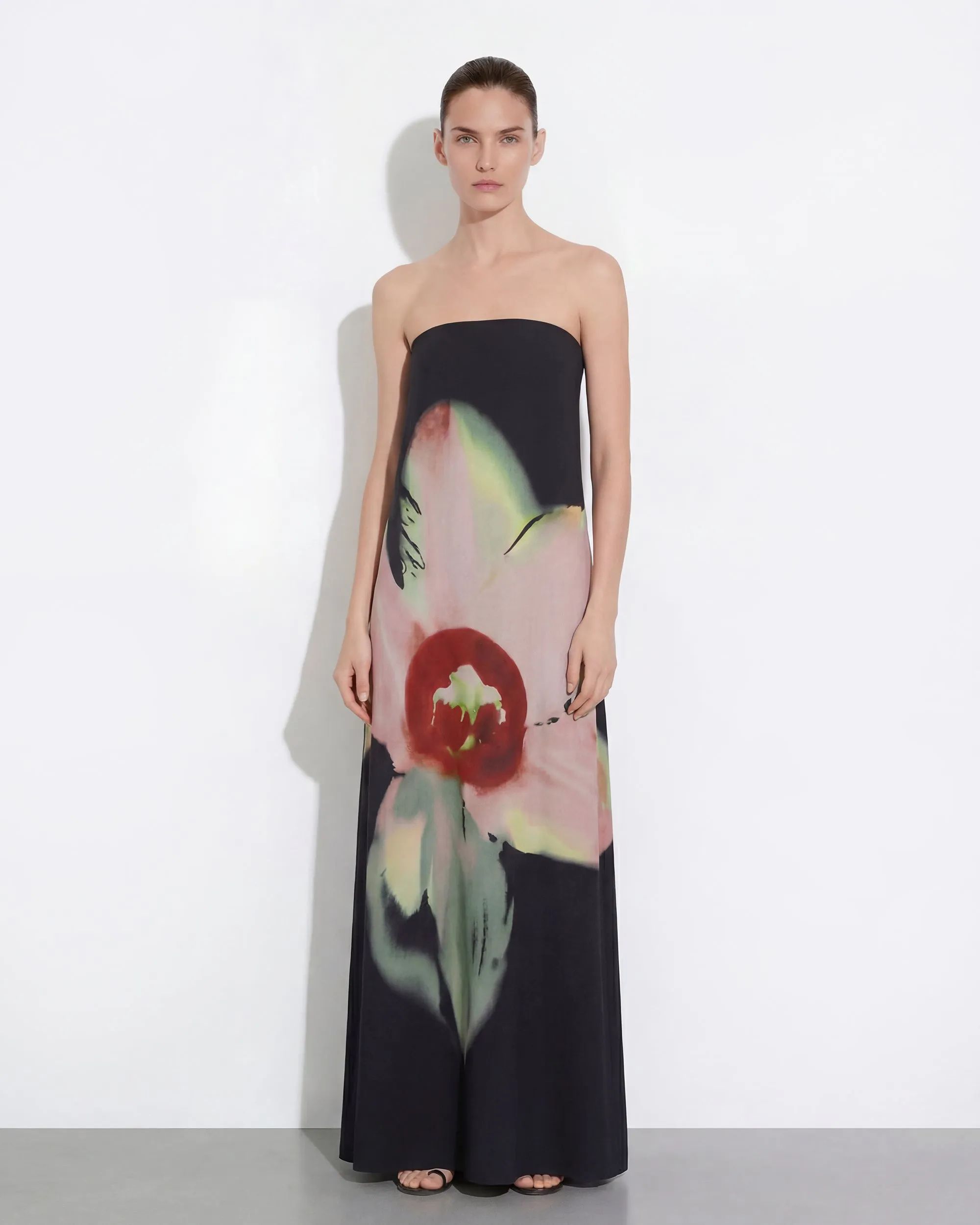 Watercolor Floral Print Strapless Maxi Dress - Black sold by JW PEI