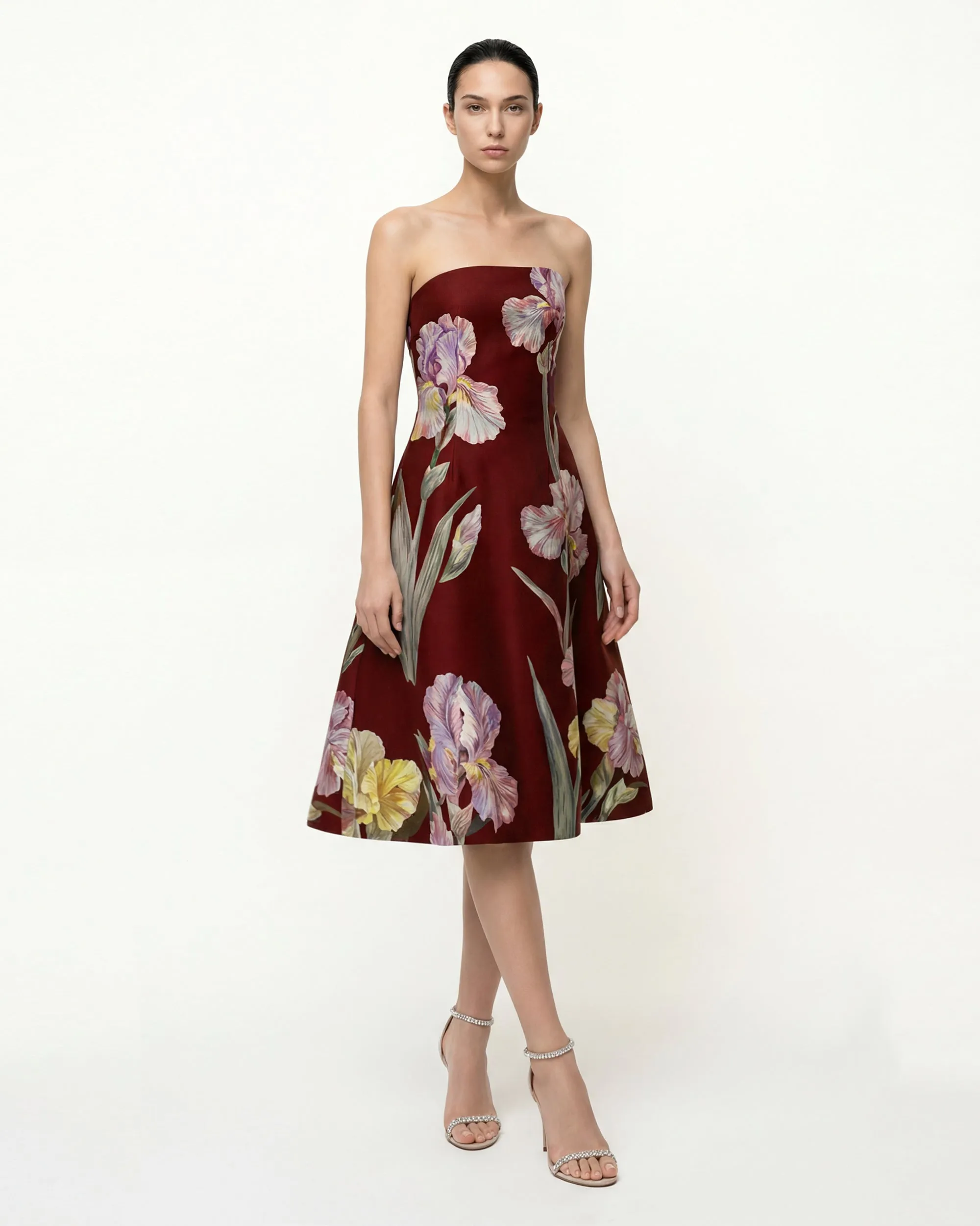 Iris Floral Print Strapless A-Line Dress - Burgundy sold by JW PEI
