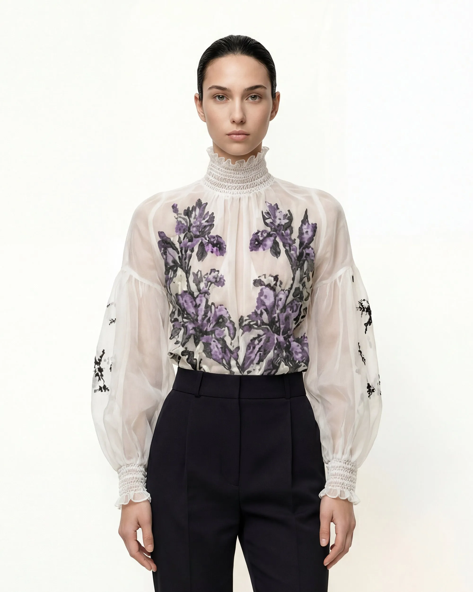 Iris Floral Print Lantern Sleeve Blouse - Ivory/Purple sold by JW PEI