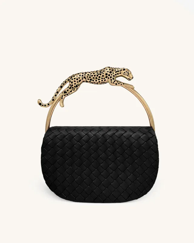 Ione Leopard Shaped Hardware Handle Woven Top Handle Bag - Black made by JW PEI