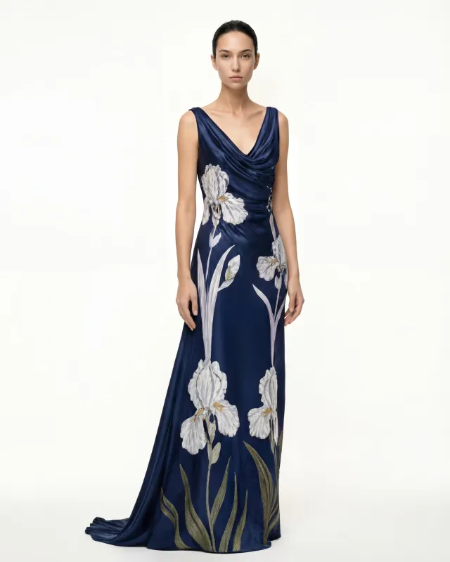 Iris Motif Cowl-Neck Satin Gown - Dark Blue sold by JW PEI